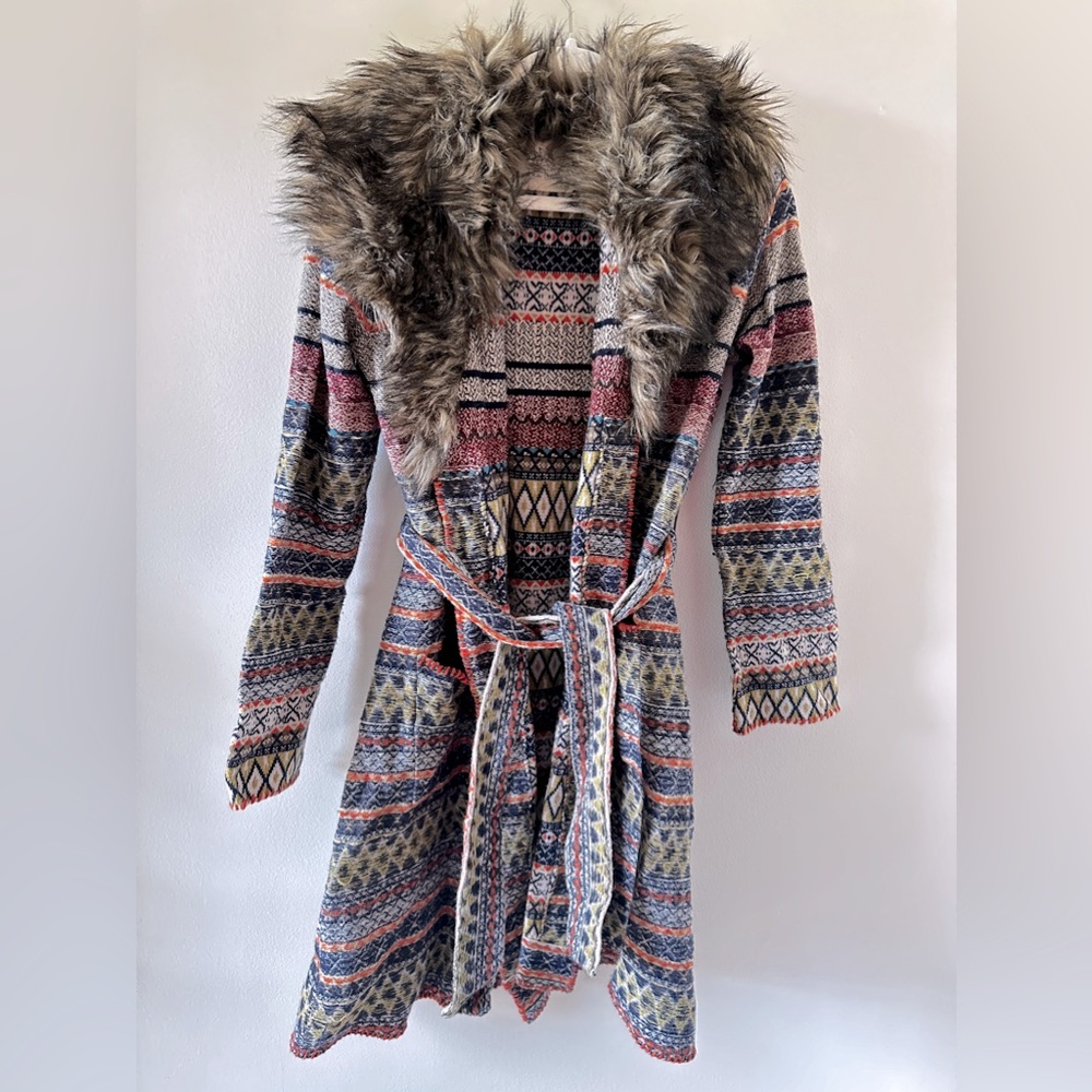 ANTHROPOLOGIE Angel of the North FAUX FUR SWEATER CARDIGAN COAT POCKETS Sz S